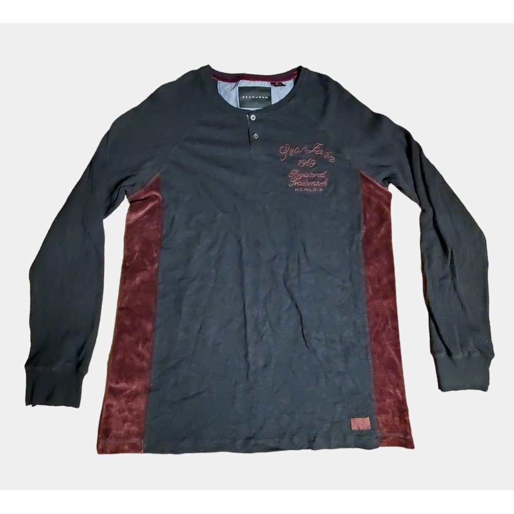 Sean John Henley Long Sleeve Shirt Velour Trim Embroidered XL Black Burgundy Y2K
